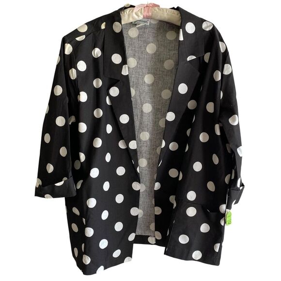 Joanna Jackets & Blazers - Vintage Joanna Blazer Womens 42 Black White Polka Dot Open Front Cotton USA 90s